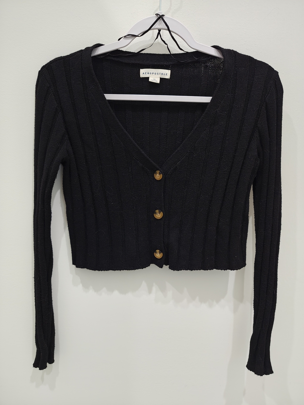 Aeropostale Black Ribbed Cropped Cardigan with Gold Buttons